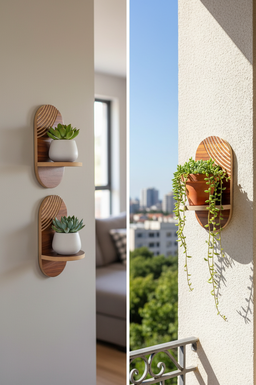 Minimal Ceviz Duvar Rafı - 1 Kademeli Radyal Çizgili - Ceviz Rengi