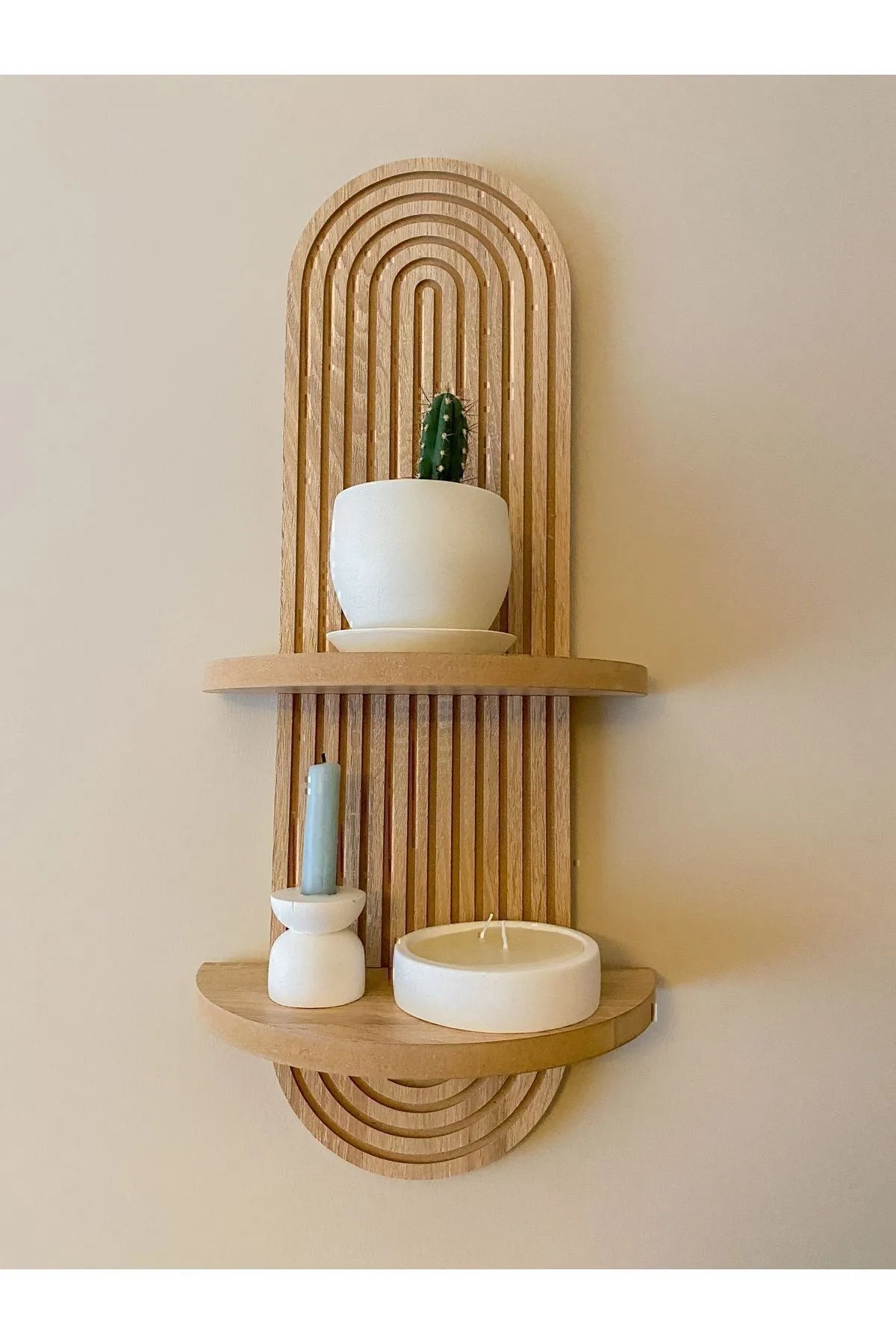 Minimal Meşe Duvar Rafı - 2 Kademeli - Çizgili