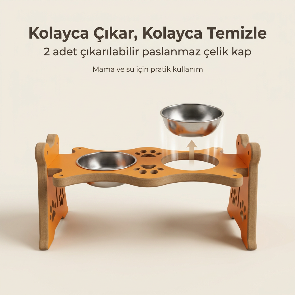 USTAAGAC Ayarlanabilir Yükseklikli İkili Mama & Su Kabı – Kedi ve Küçük Irk Köpekler İçin