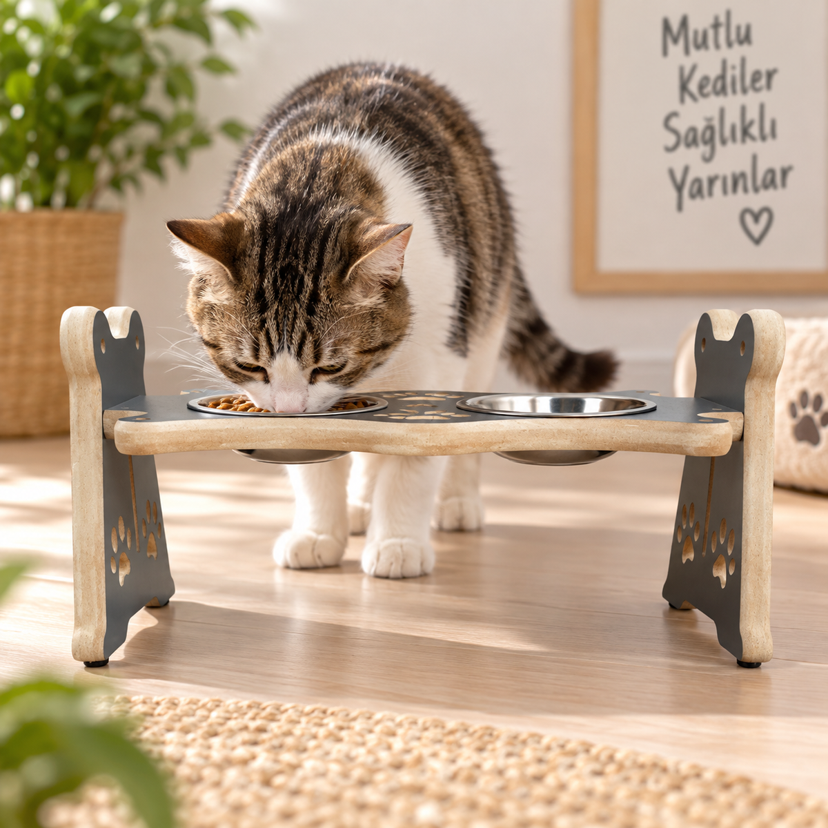 USTAAGAC Ayarlanabilir Yükseklikli İkili Mama & Su Kabı – Kedi ve Küçük Irk Köpekler İçin Antrasit