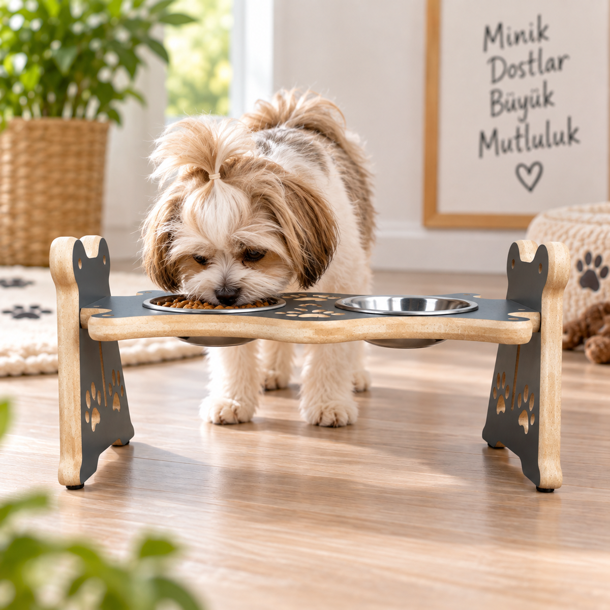 USTAAGAC Ayarlanabilir Yükseklikli İkili Mama & Su Kabı – Kedi ve Küçük Irk Köpekler İçin Antrasit
