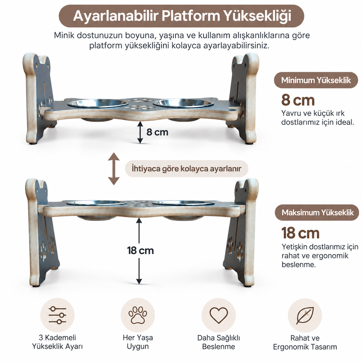 USTAAGAC Ayarlanabilir Yükseklikli İkili Mama & Su Kabı – Kedi ve Küçük Irk Köpekler İçin Antrasit