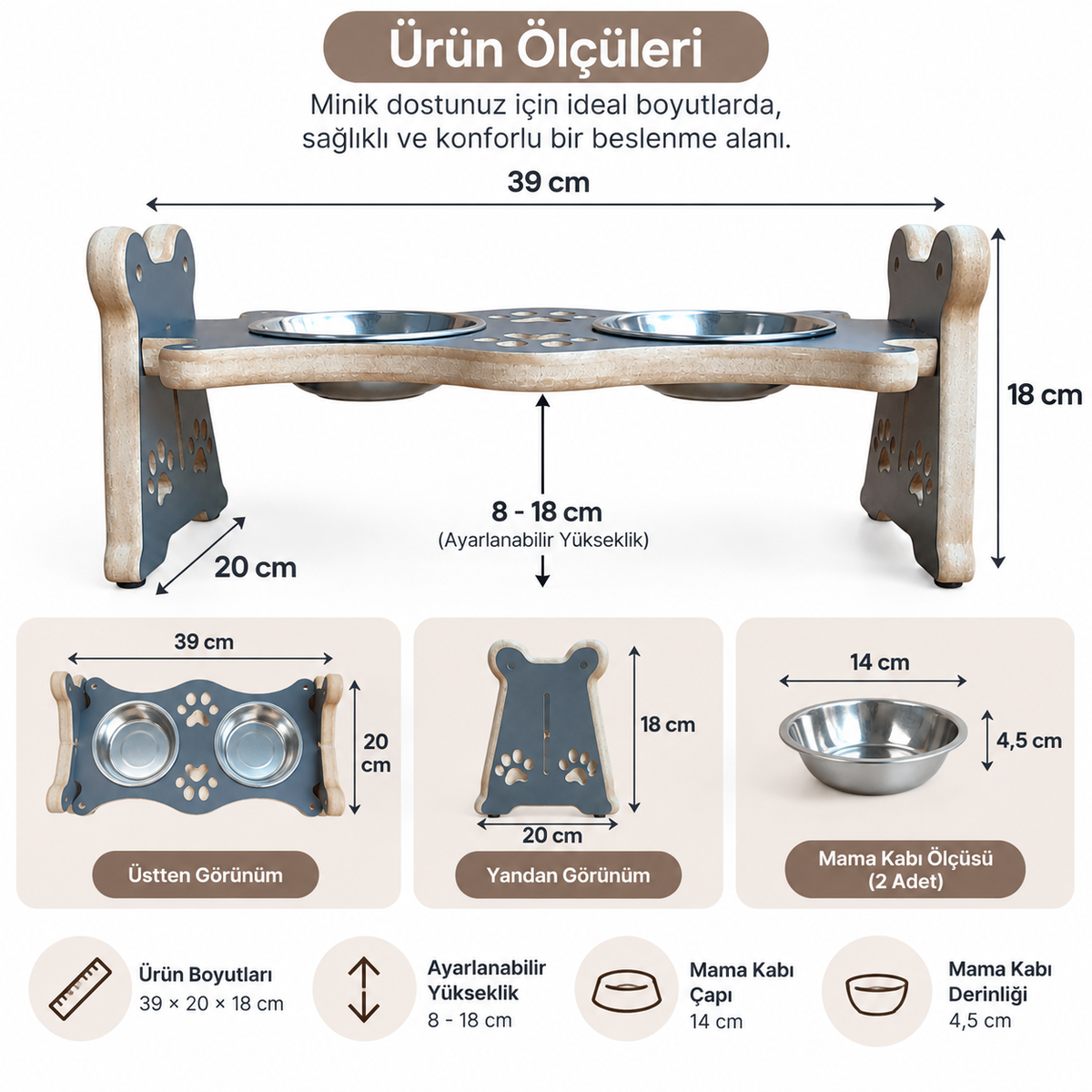 USTAAGAC Ayarlanabilir Yükseklikli İkili Mama & Su Kabı – Kedi ve Küçük Irk Köpekler İçin Antrasit