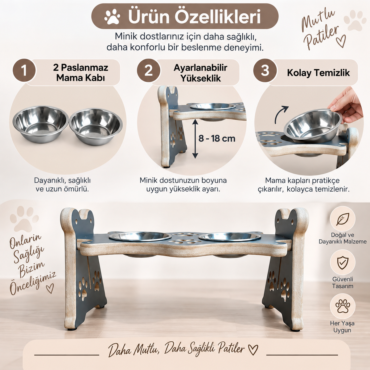 USTAAGAC Ayarlanabilir Yükseklikli İkili Mama & Su Kabı – Kedi ve Küçük Irk Köpekler İçin Antrasit