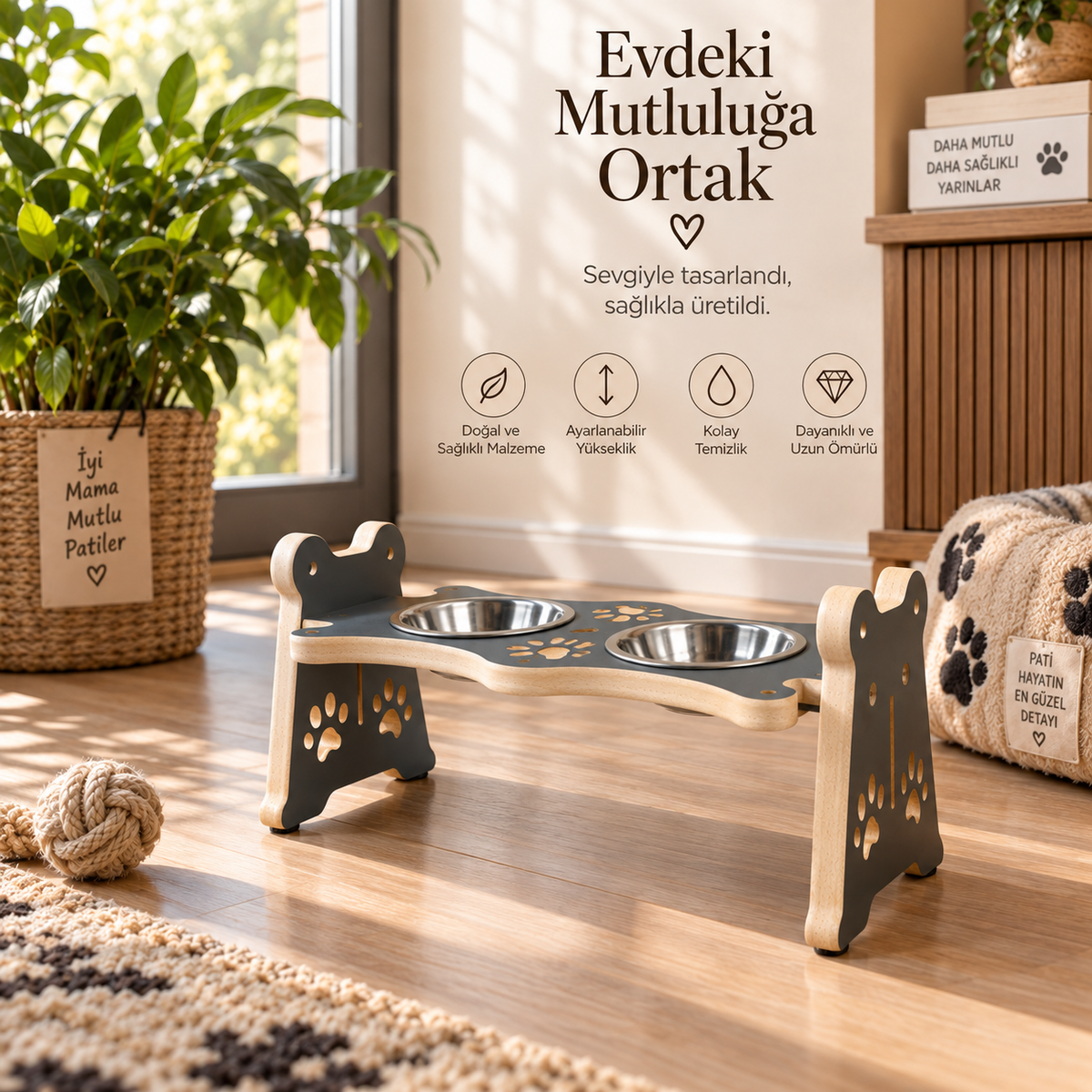 USTAAGAC Ayarlanabilir Yükseklikli İkili Mama & Su Kabı – Kedi ve Küçük Irk Köpekler İçin Antrasit