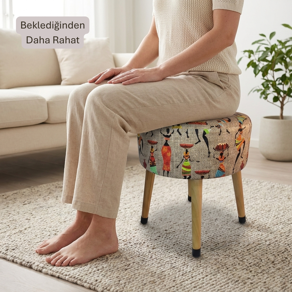 USTAAGAC Etnik Utopya Kadın Desenli Dekoratif Puf – Ahşap Ayaklı Yuvarlak Tabure ve Ayak Uzatma Pufu, 38 x 40 cm