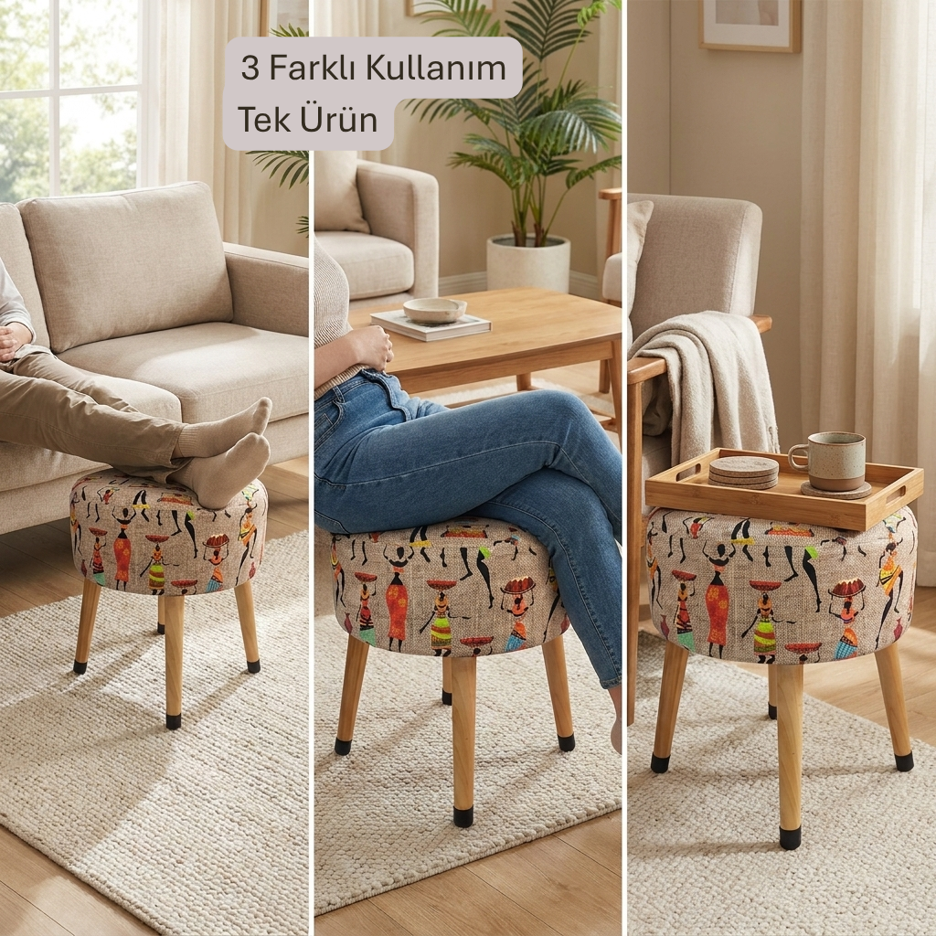 USTAAGAC Etnik Utopya Kadın Desenli Dekoratif Puf – Ahşap Ayaklı Yuvarlak Tabure ve Ayak Uzatma Pufu, 38 x 40 cm