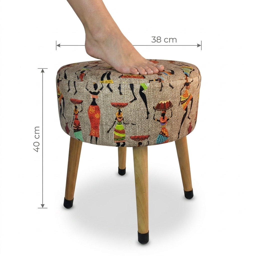 USTAAGAC Etnik Utopya Kadın Desenli Dekoratif Puf – Ahşap Ayaklı Yuvarlak Tabure ve Ayak Uzatma Pufu, 38 x 40 cm