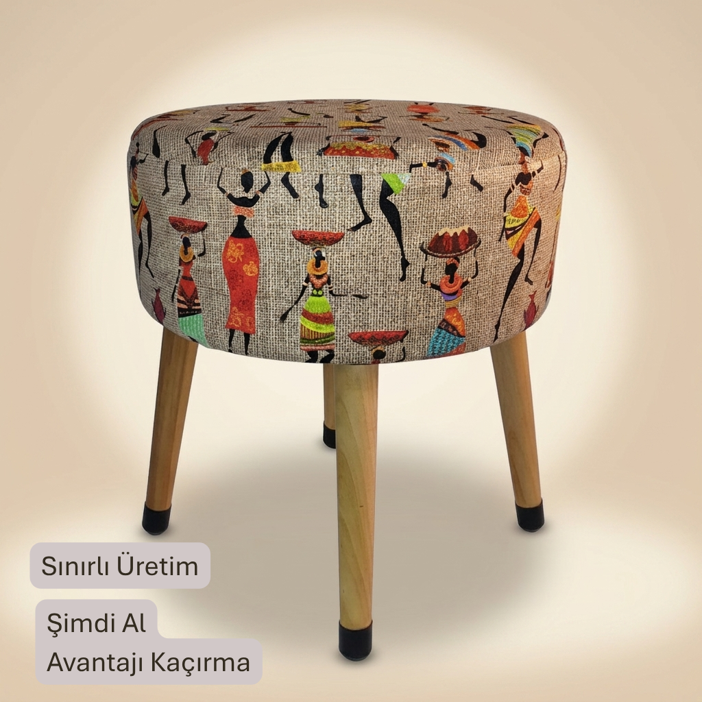 USTAAGAC Etnik Utopya Kadın Desenli Dekoratif Puf – Ahşap Ayaklı Yuvarlak Tabure ve Ayak Uzatma Pufu, 38 x 40 cm