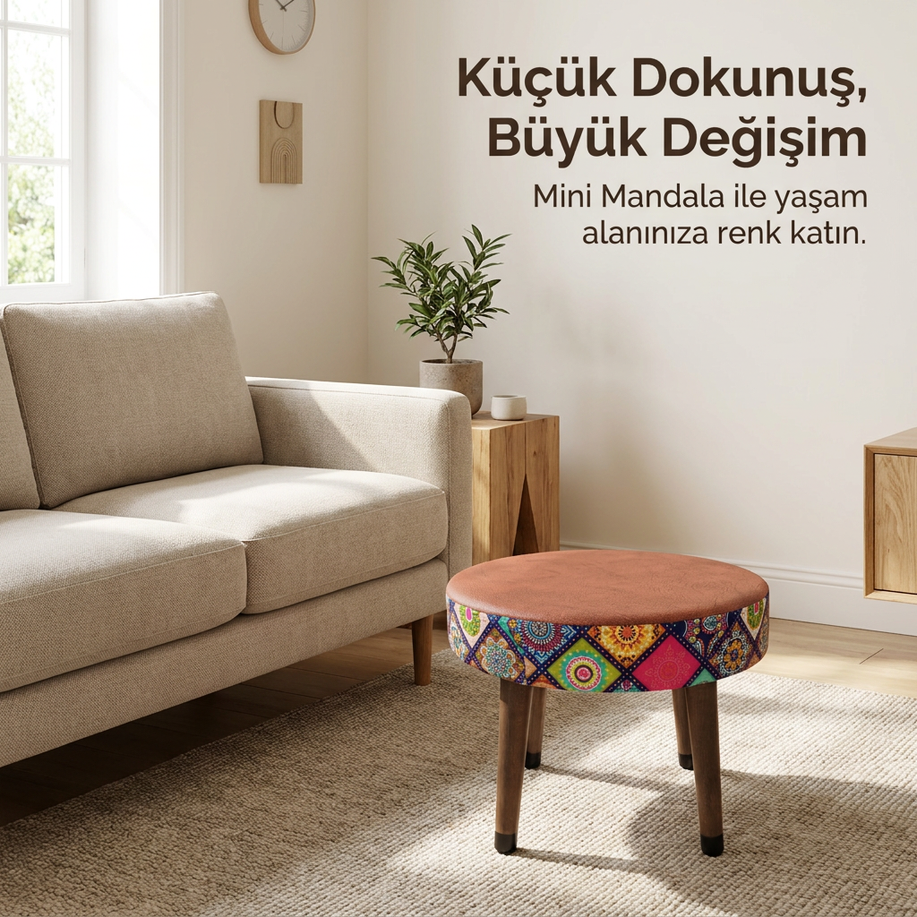 USTAAGAC Mini Puf Koltuk Tabure Etnik Mandala Desenli Ahşap Puf Kiremit
