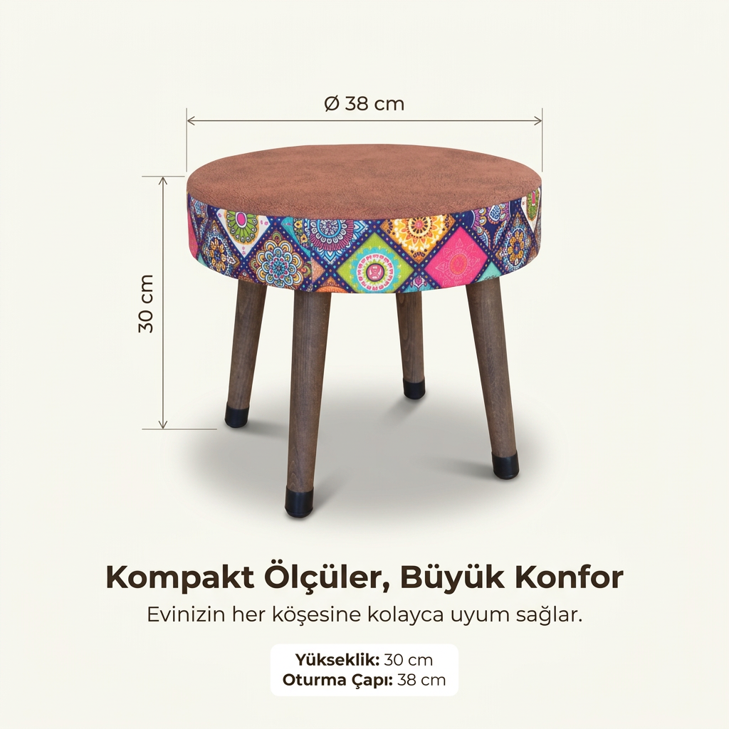 USTAAGAC Mini Puf Koltuk Tabure Etnik Mandala Desenli Ahşap Puf Kiremit
