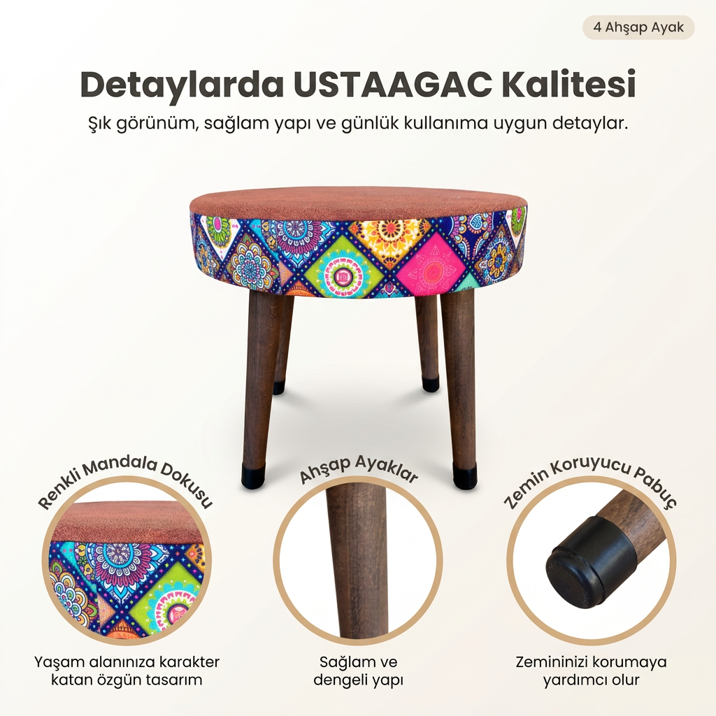 USTAAGAC Mini Puf Koltuk Tabure Etnik Mandala Desenli Ahşap Puf Kiremit