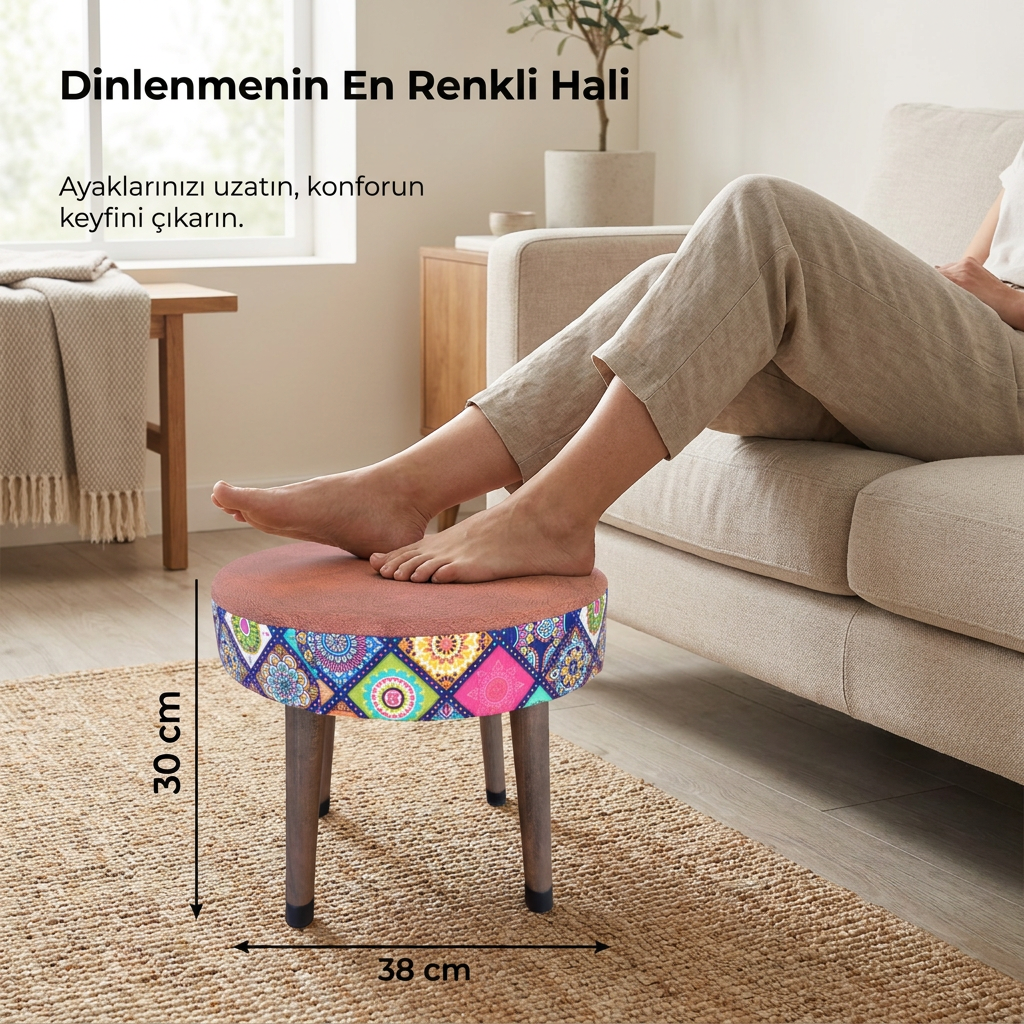 USTAAGAC Mini Puf Koltuk Tabure Etnik Mandala Desenli Ahşap Puf Kiremit