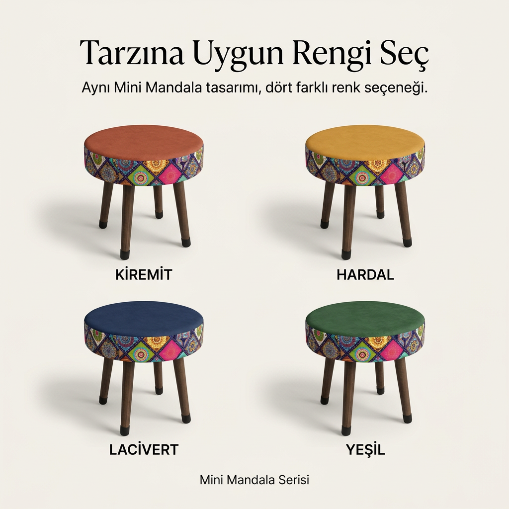 USTAAGAC Mini Puf Koltuk Tabure Etnik Mandala Desenli Ahşap Puf Kiremit