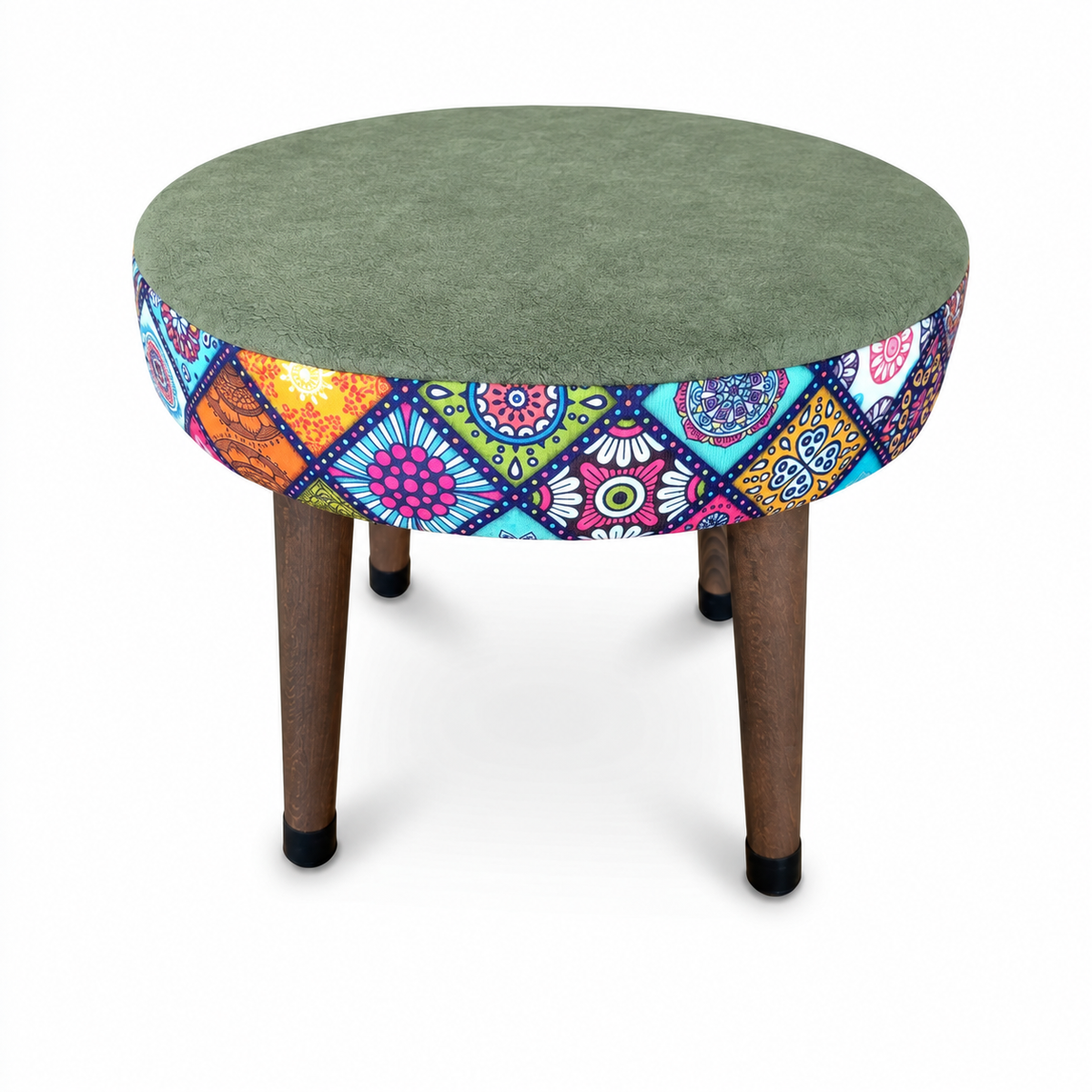 USTAAGAC Mini Puf Koltuk Tabure Etnik Desenli Ahşap Puf Mandala Yeşil