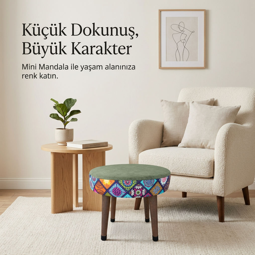 USTAAGAC Mini Puf Koltuk Tabure Etnik Desenli Ahşap Puf Mandala Yeşil