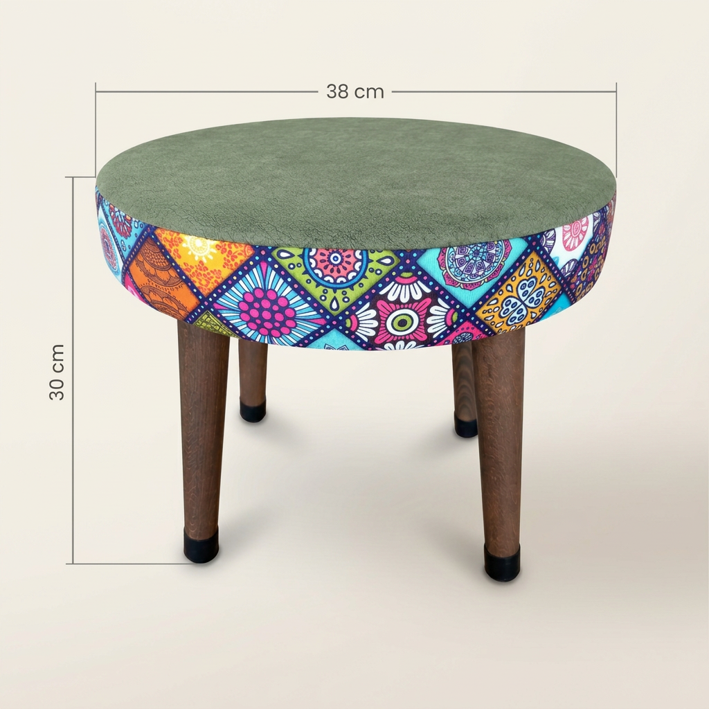 USTAAGAC Mini Puf Koltuk Tabure Etnik Desenli Ahşap Puf Mandala Yeşil