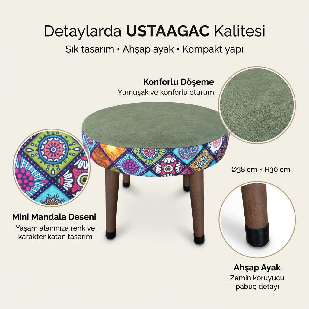 USTAAGAC Mini Puf Koltuk Tabure Etnik Desenli Ahşap Puf Mandala Yeşil