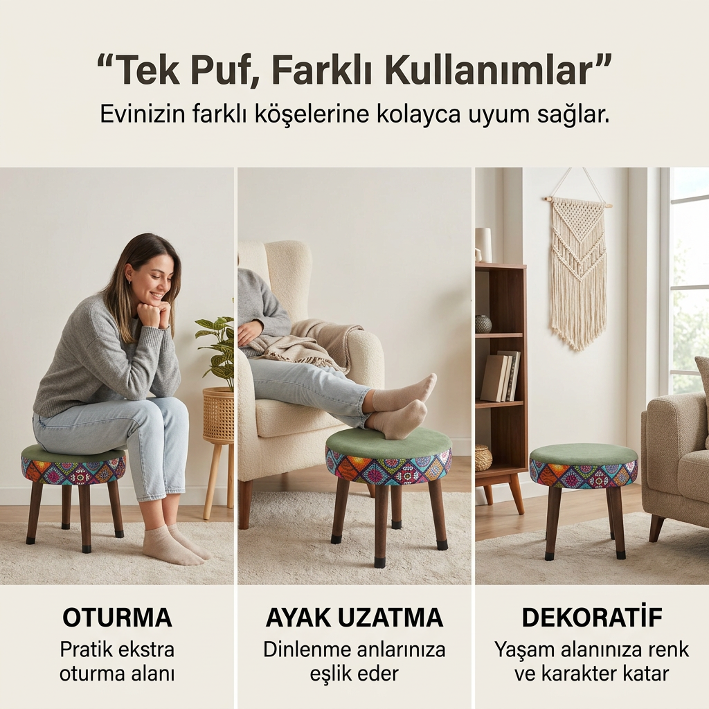 USTAAGAC Mini Puf Koltuk Tabure Etnik Desenli Ahşap Puf Mandala Yeşil