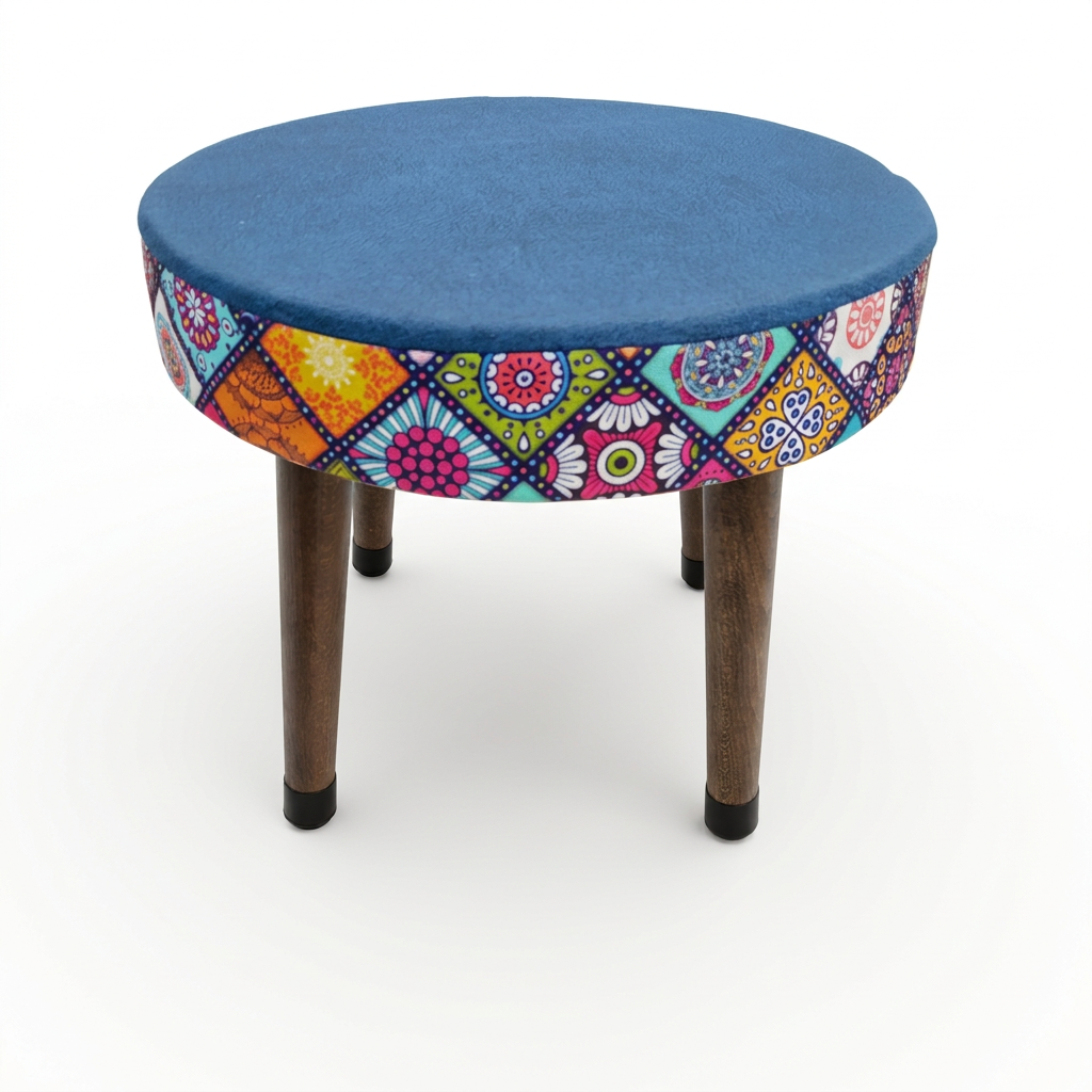 USTAAGAC Mini Puf Koltuk Tabure Etnik Desenli Ahşap Puf Mandala Lacivert