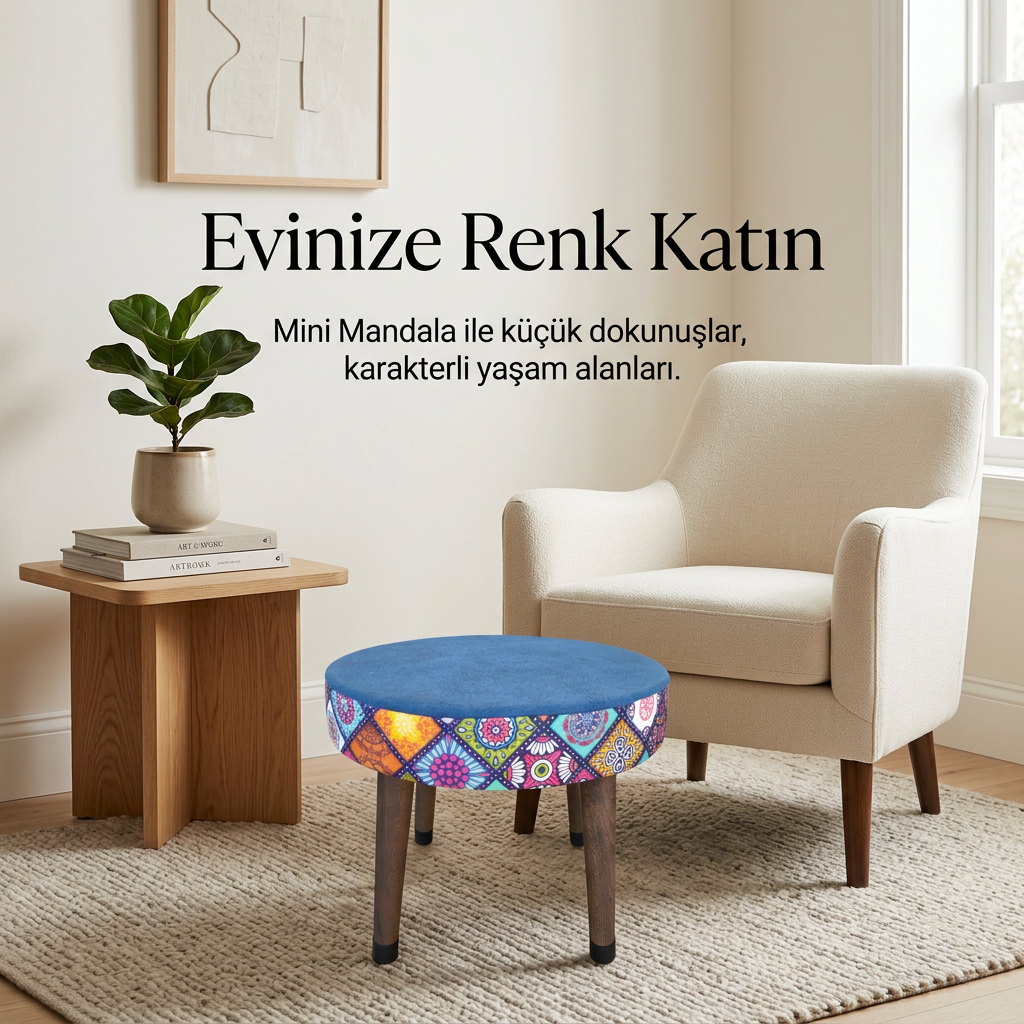USTAAGAC Mini Puf Koltuk Tabure Etnik Desenli Ahşap Puf Mandala Lacivert