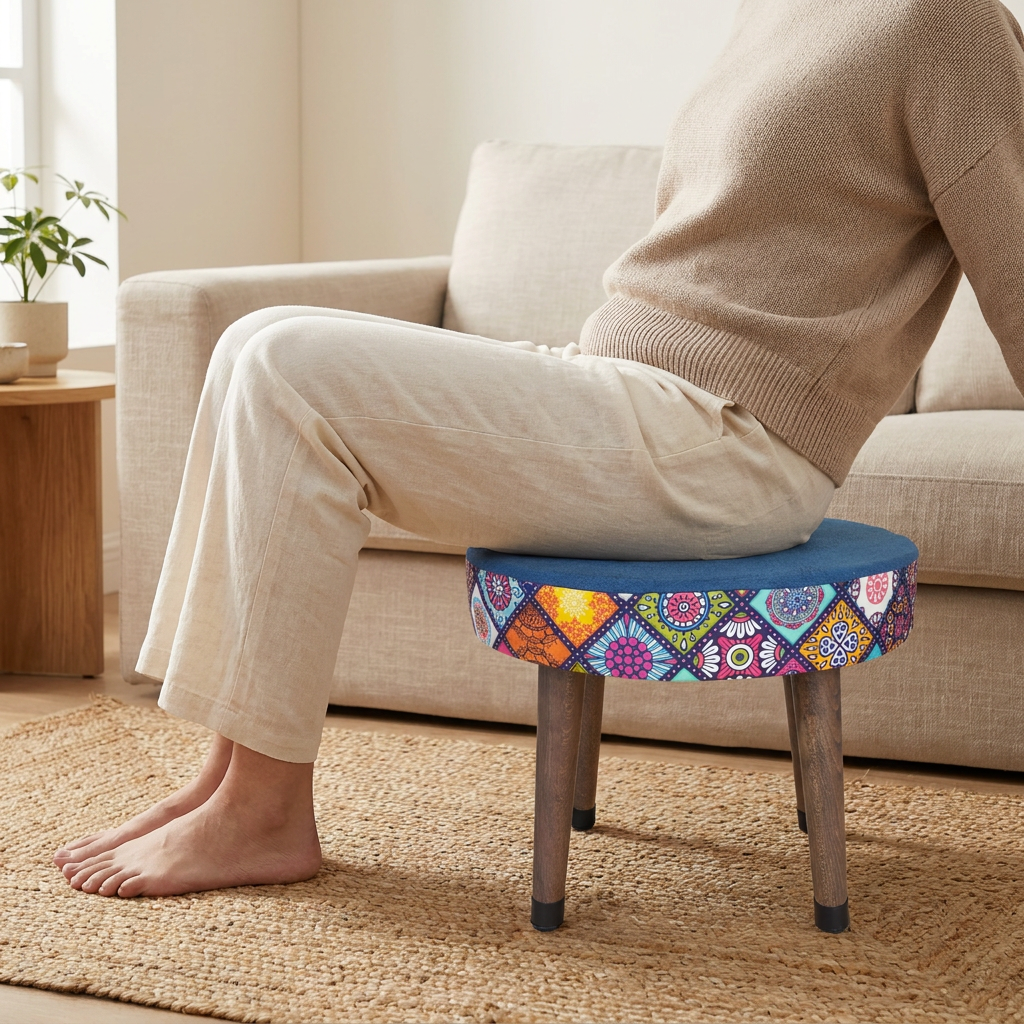 USTAAGAC Mini Puf Koltuk Tabure Etnik Desenli Ahşap Puf Mandala Lacivert