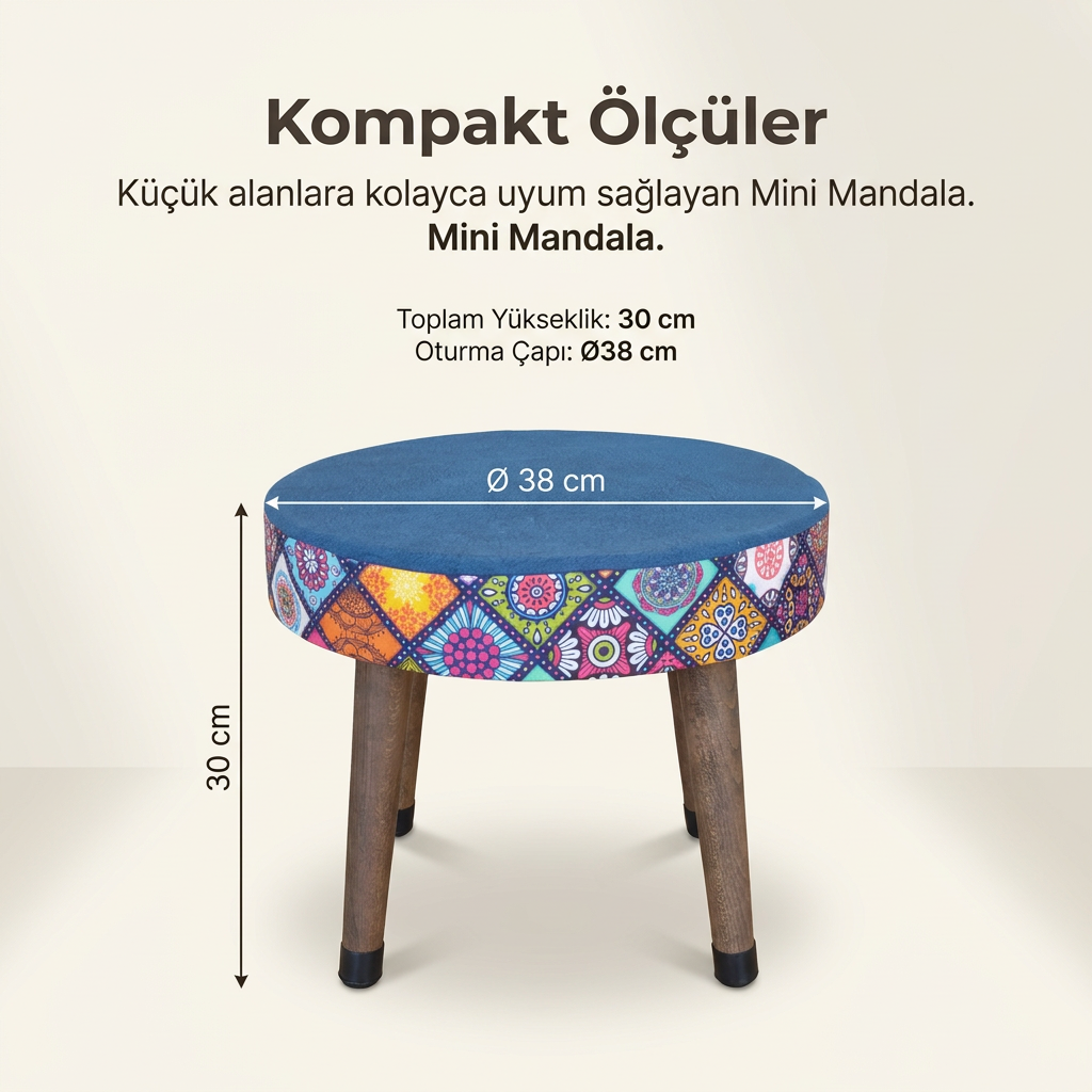 USTAAGAC Mini Puf Koltuk Tabure Etnik Desenli Ahşap Puf Mandala Lacivert