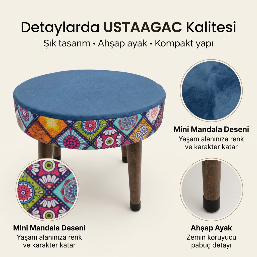USTAAGAC Mini Puf Koltuk Tabure Etnik Desenli Ahşap Puf Mandala Lacivert