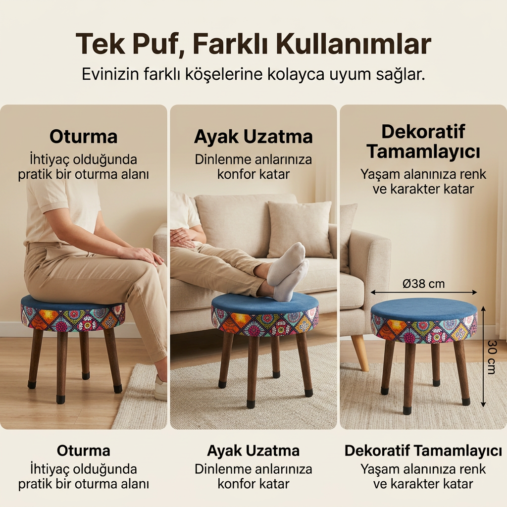 USTAAGAC Mini Puf Koltuk Tabure Etnik Desenli Ahşap Puf Mandala Lacivert