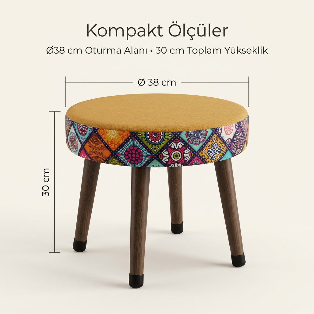 USTAAGAC Mini Puf Koltuk Tabure Etnik Desenli Ahşap Puf Mandala Hardal