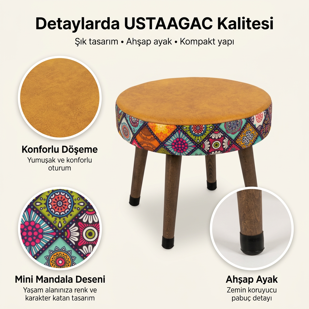 USTAAGAC Mini Puf Koltuk Tabure Etnik Desenli Ahşap Puf Mandala Hardal