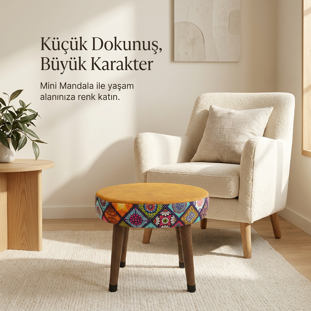 USTAAGAC Mini Puf Koltuk Tabure Etnik Desenli Ahşap Puf Mandala Hardal