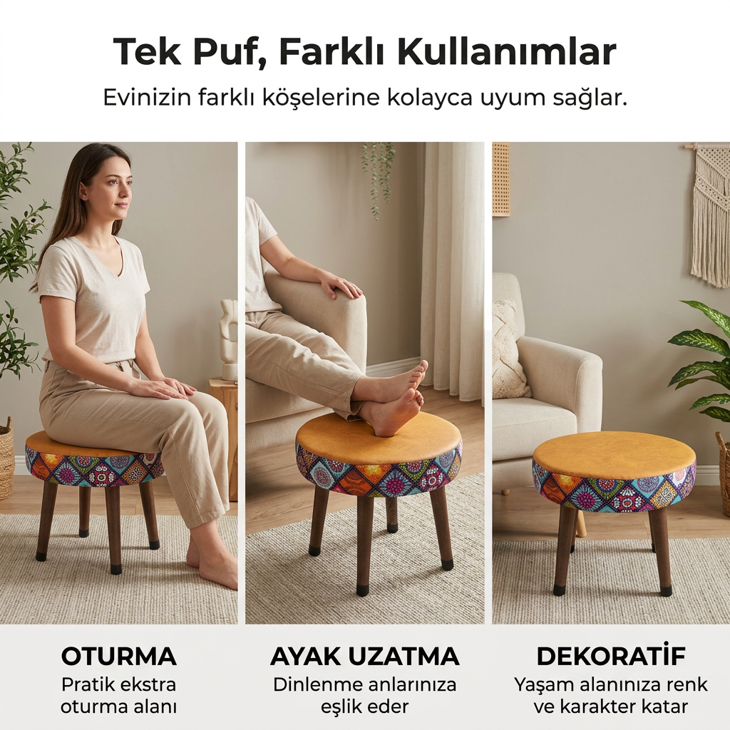 USTAAGAC Mini Puf Koltuk Tabure Etnik Desenli Ahşap Puf Mandala Hardal
