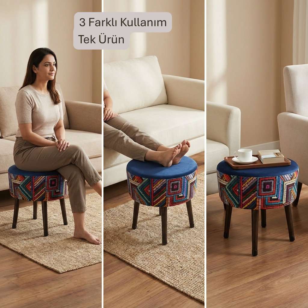 USTAAGAC Dekoratif Puf Tabure – Lacivert & Renkli Desenli, Ahşap Ayaklı, Oturma ve Ayak Uzatma Pufu, 38 x 40 cm