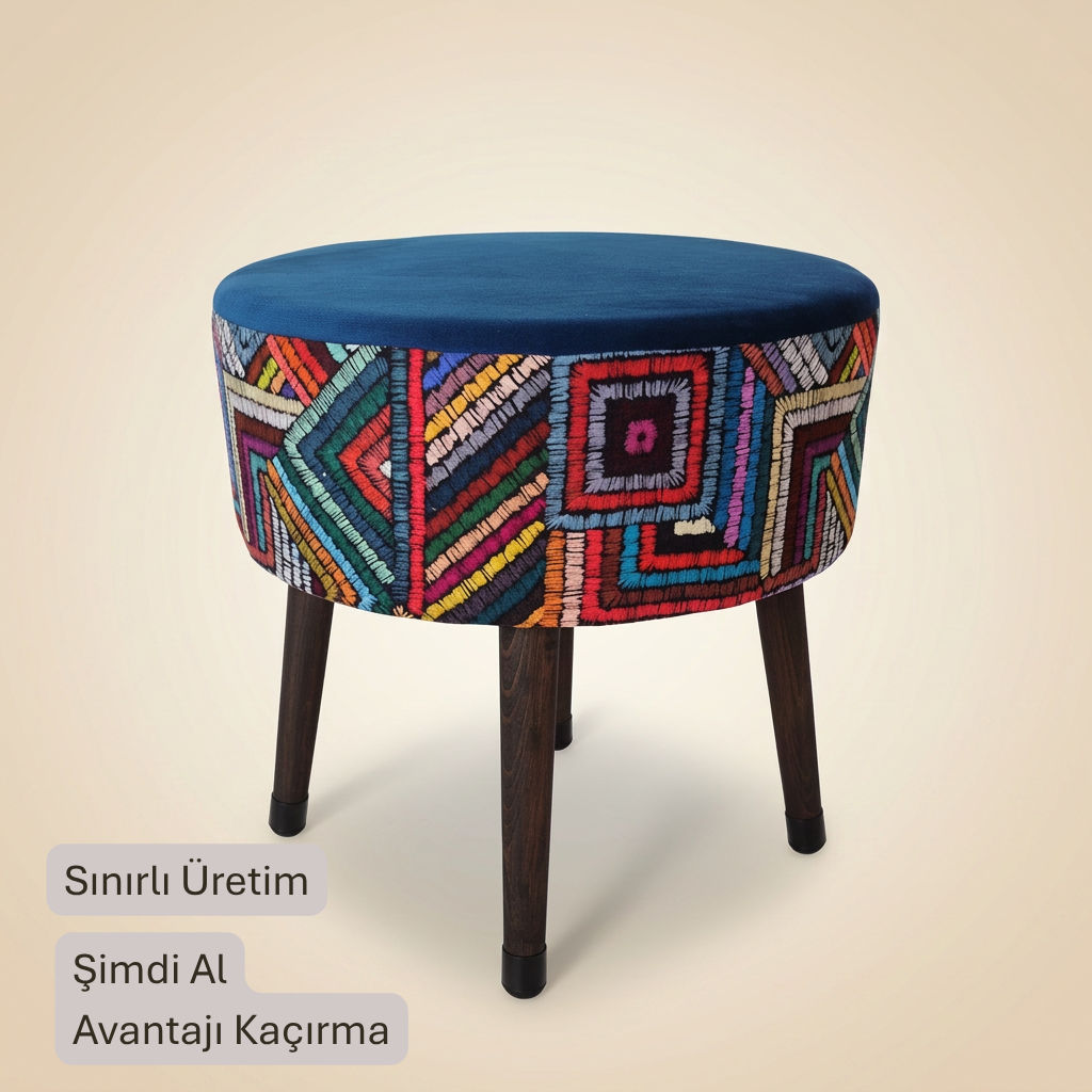 USTAAGAC Dekoratif Puf Tabure – Lacivert & Renkli Desenli, Ahşap Ayaklı, Oturma ve Ayak Uzatma Pufu, 38 x 40 cm