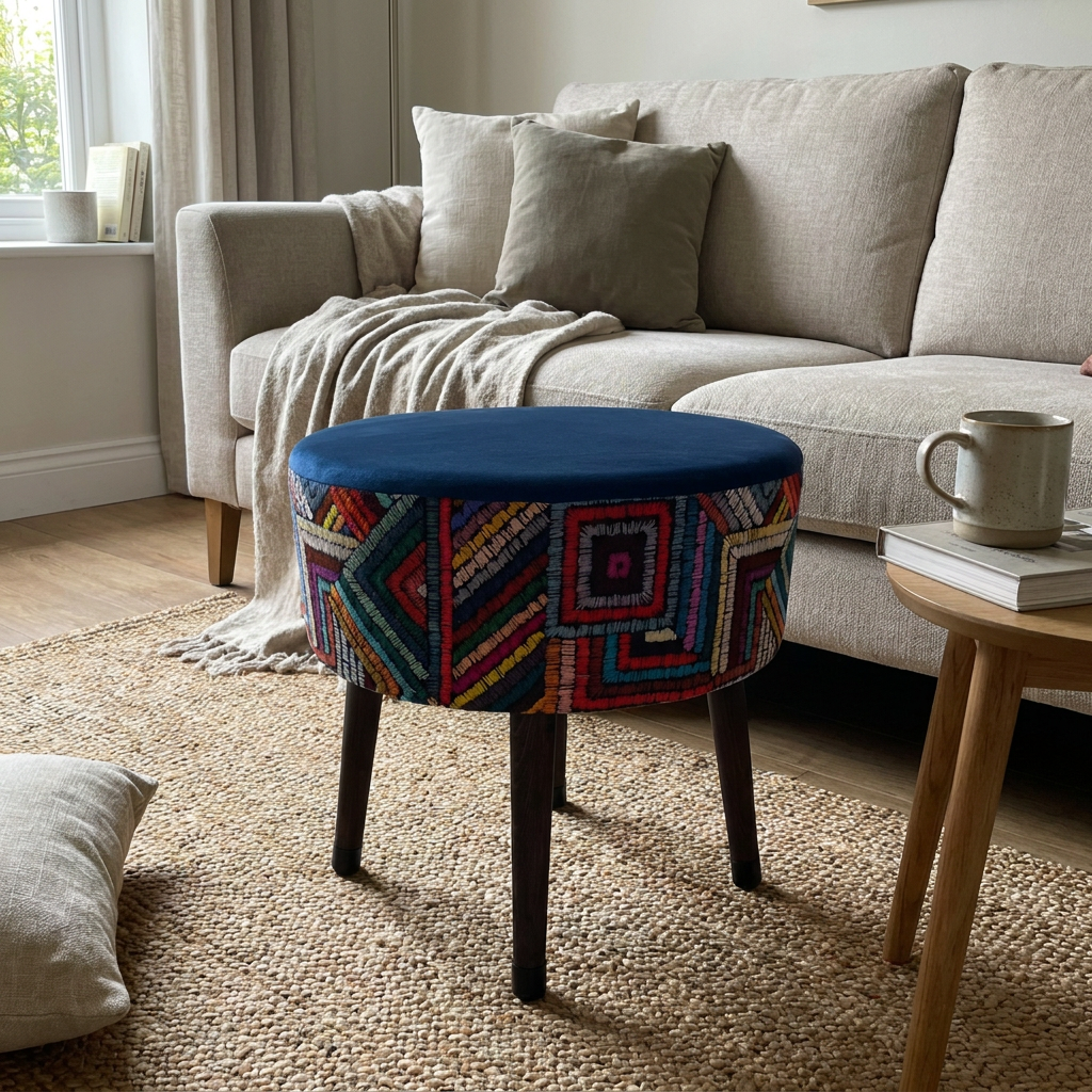 USTAAGAC Dekoratif Puf Tabure – Lacivert & Renkli Desenli, Ahşap Ayaklı, Oturma ve Ayak Uzatma Pufu, 38 x 40 cm