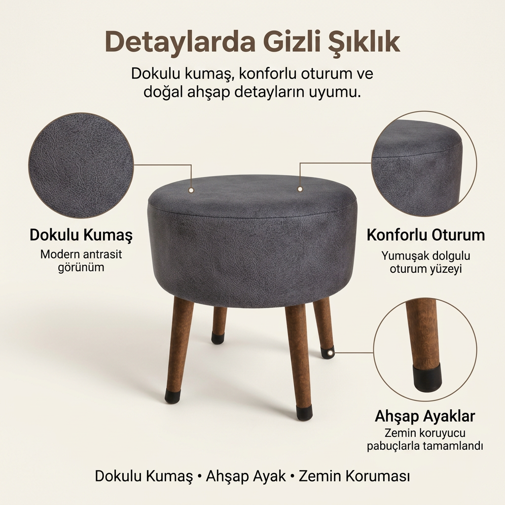 USTAAGAC NORA Antrasit Gri Puf | Ahşap Ayaklı Dekoratif & Oturma Pufu
