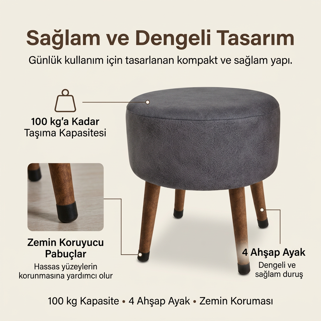 USTAAGAC NORA Antrasit Gri Puf | Ahşap Ayaklı Dekoratif & Oturma Pufu