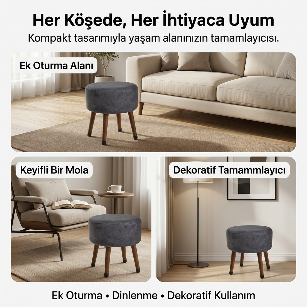 USTAAGAC NORA Antrasit Gri Puf | Ahşap Ayaklı Dekoratif & Oturma Pufu