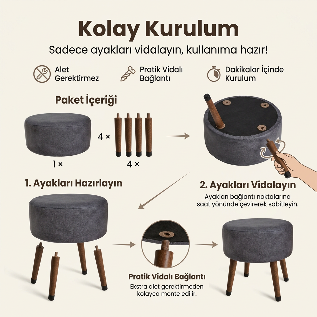 USTAAGAC NORA Antrasit Gri Puf | Ahşap Ayaklı Dekoratif & Oturma Pufu