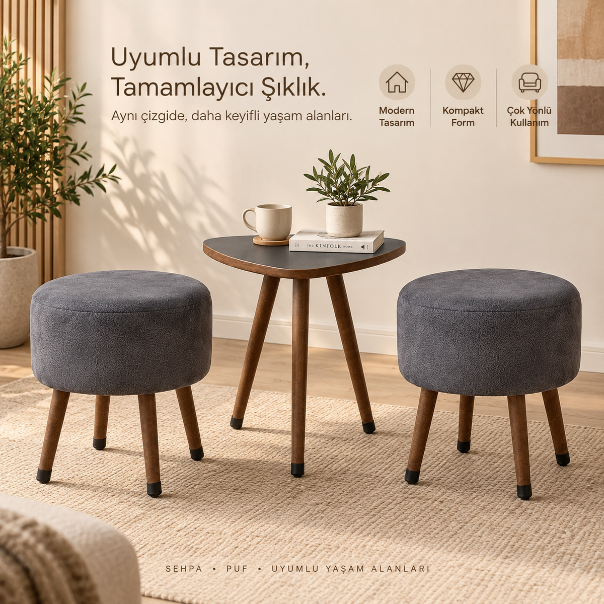 USTAAGAC Antrasit Gri Çay Kahve Seti – 2 puf + 1 Sehpa