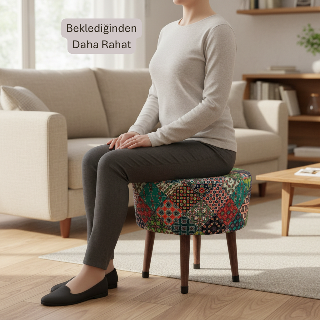 USTAAGAC  Puf Koltuk Tabure - Osmanlı Motifi - Ahşap Ayaklı