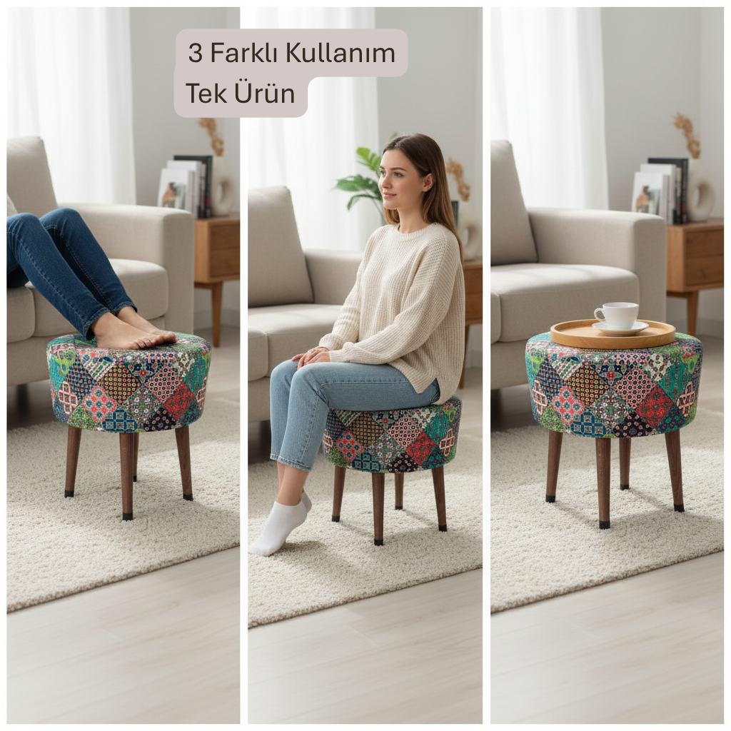 USTAAGAC  Puf Koltuk Tabure - Osmanlı Motifi - Ahşap Ayaklı
