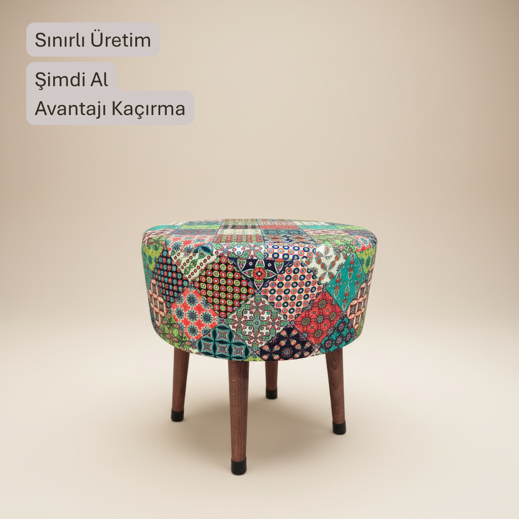 USTAAGAC  Puf Koltuk Tabure - Osmanlı Motifi - Ahşap Ayaklı