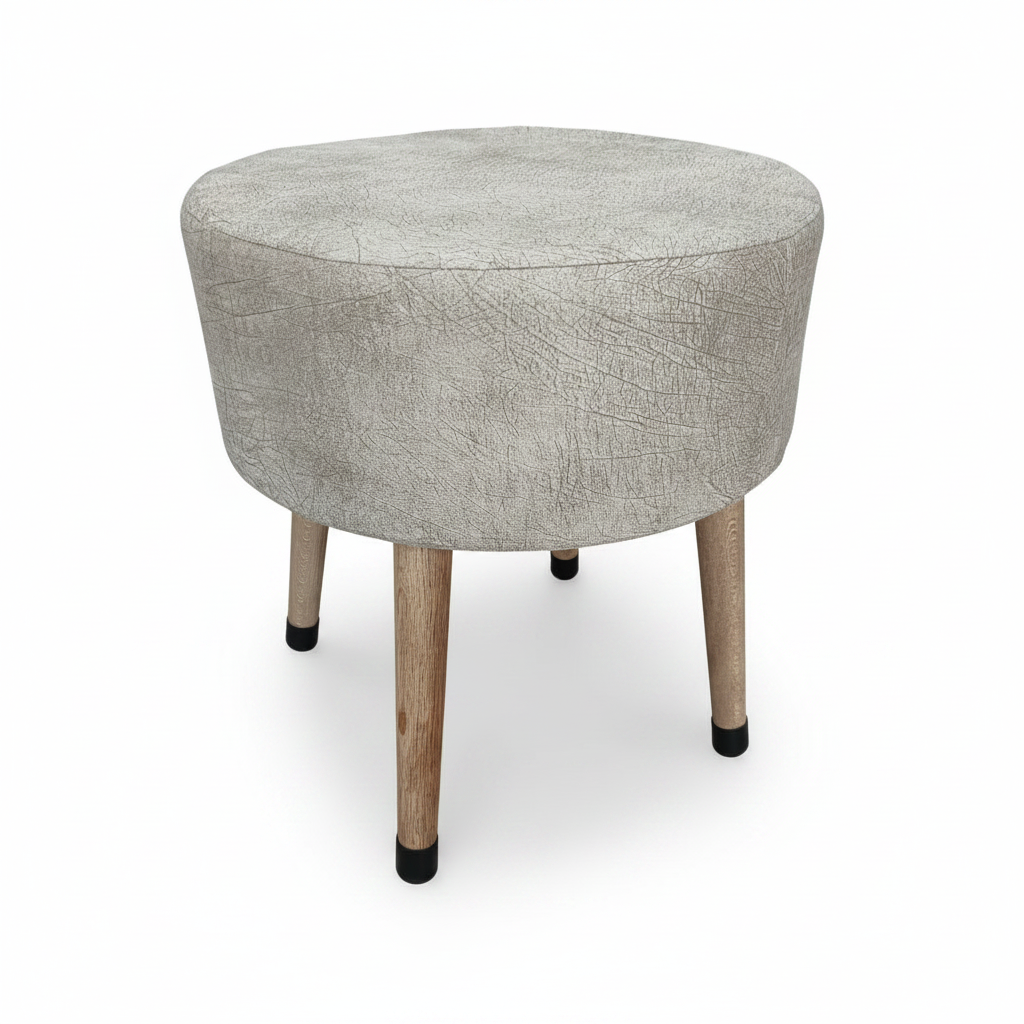 USTAAGAC Masif Ahşap Ayaklı Modern Puf – Bej Kumaş Yuvarlak Tabure | 38x40 cm, Çok Amaçlı Kullanım