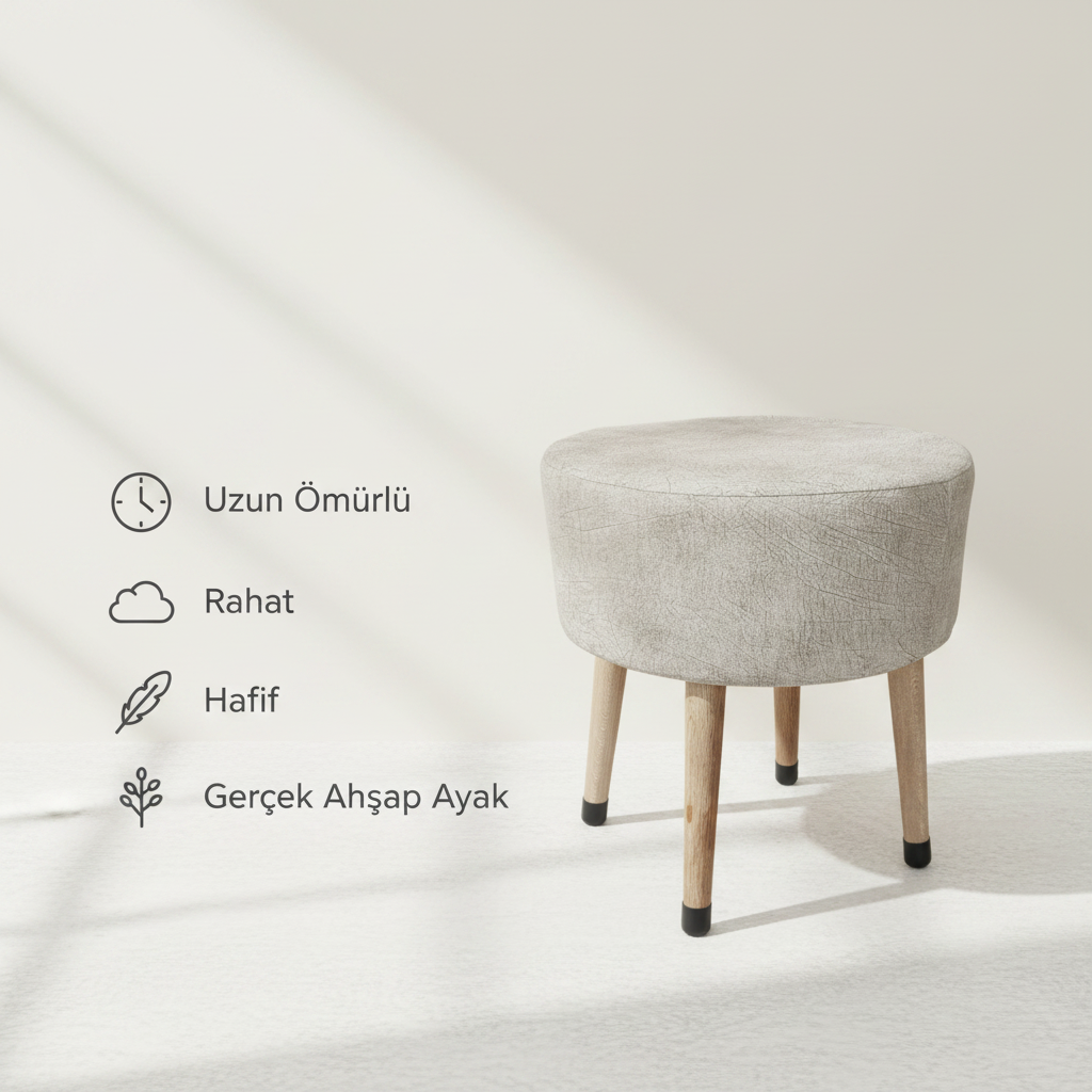 USTAAGAC Masif Ahşap Ayaklı Modern Puf – Bej Kumaş Yuvarlak Tabure | 38x40 cm, Çok Amaçlı Kullanım