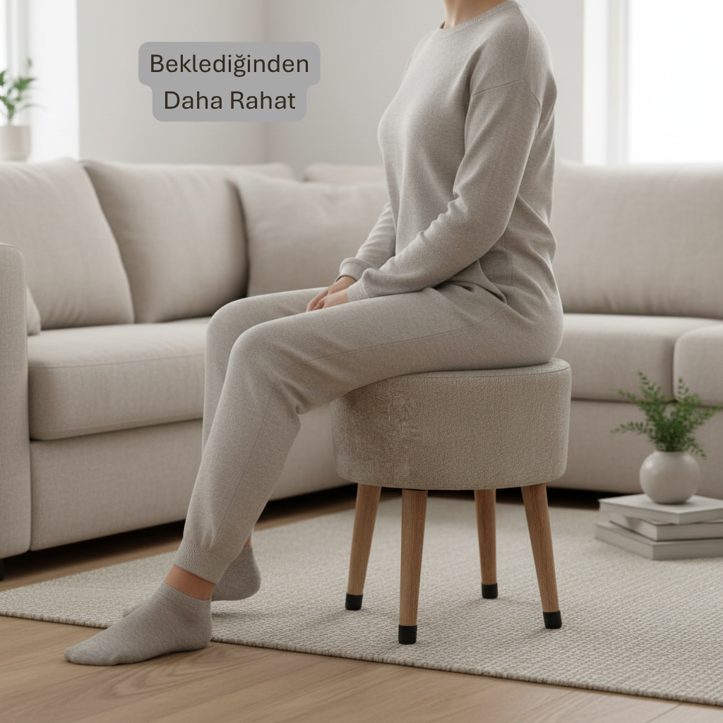 USTAAGAC Masif Ahşap Ayaklı Modern Puf – Bej Kumaş Yuvarlak Tabure | 38x40 cm, Çok Amaçlı Kullanım