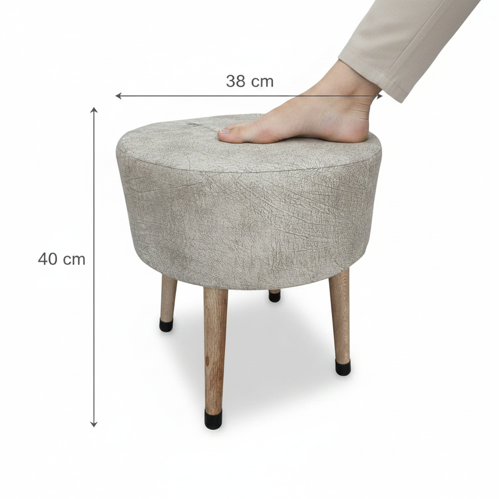 USTAAGAC Masif Ahşap Ayaklı Modern Puf – Bej Kumaş Yuvarlak Tabure | 38x40 cm, Çok Amaçlı Kullanım