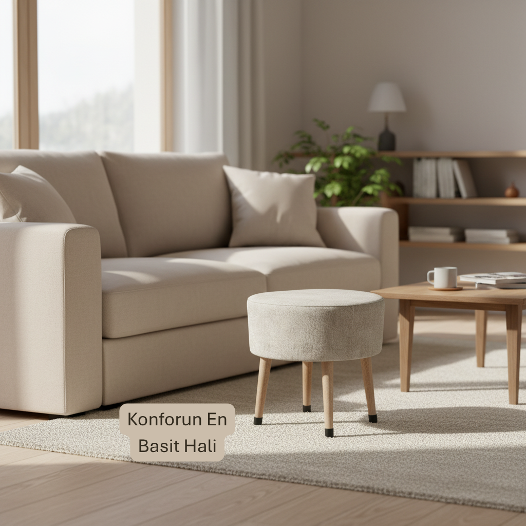 USTAAGAC Masif Ahşap Ayaklı Modern Puf – Bej Kumaş Yuvarlak Tabure | 38x40 cm, Çok Amaçlı Kullanım