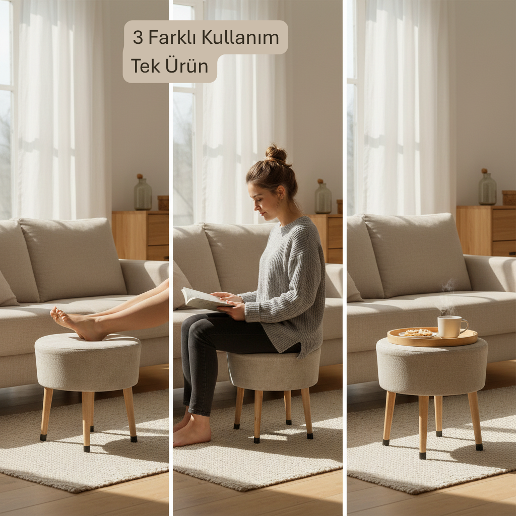USTAAGAC Masif Ahşap Ayaklı Modern Puf – Bej Kumaş Yuvarlak Tabure | 38x40 cm, Çok Amaçlı Kullanım